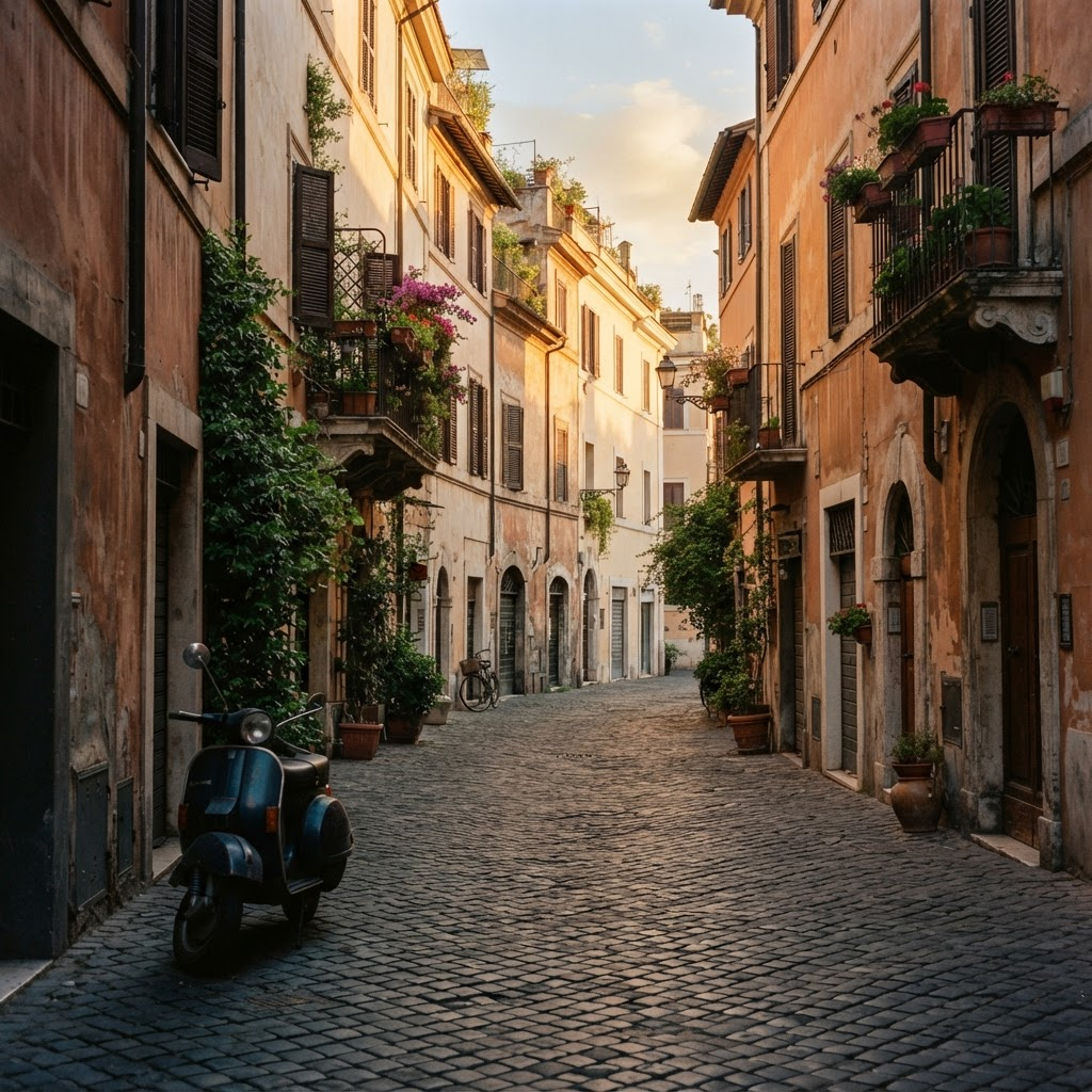 Una via acciottolata di Trastevere a Roma