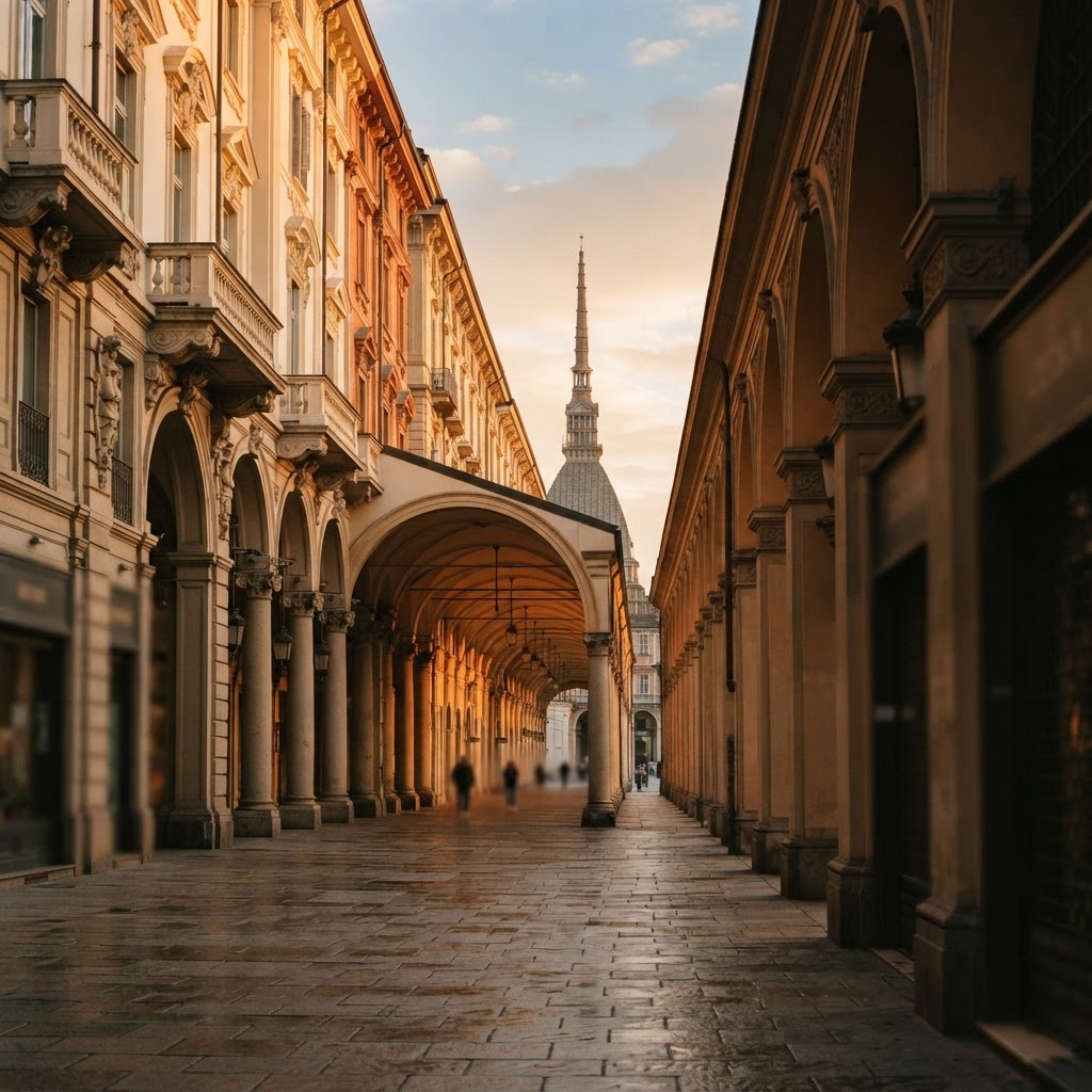 I portici storici di Torino con la Mole Antonelliana
